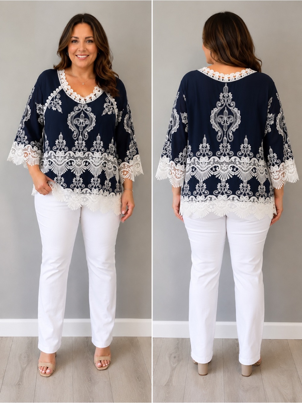 Lace Trim V-Neck Navy Top with White Embroidery Size - Picture 3 of 6